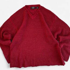 Vintage American Eagle Outfitters Red Cotton/Ramie Knit V-Neck Roll Edge Sweater